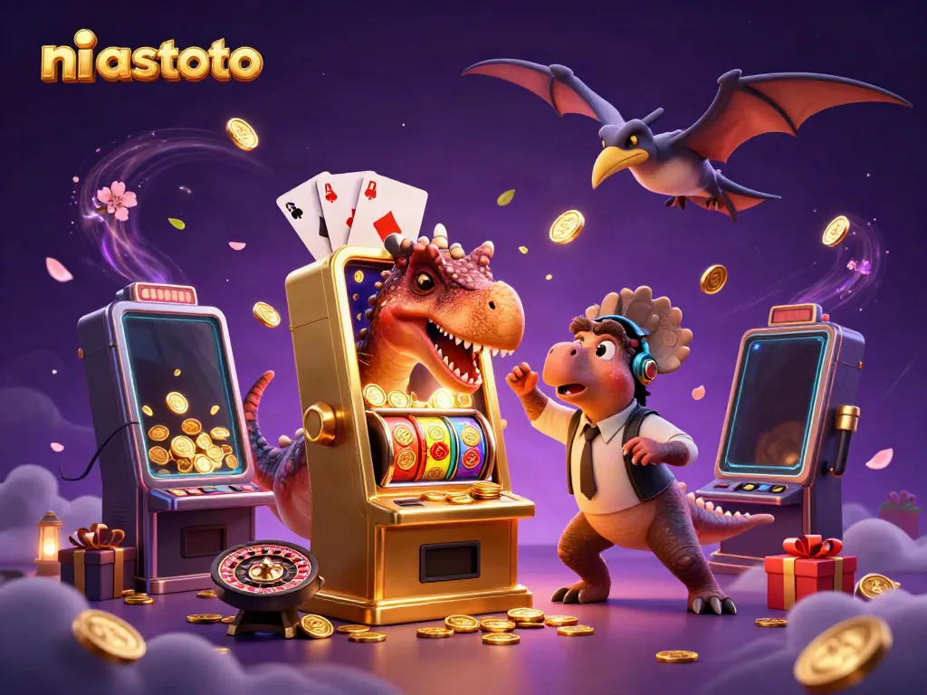 Experience the thrill of niastoto as a cartoon dinosaur wins jackpots from a slot machine.