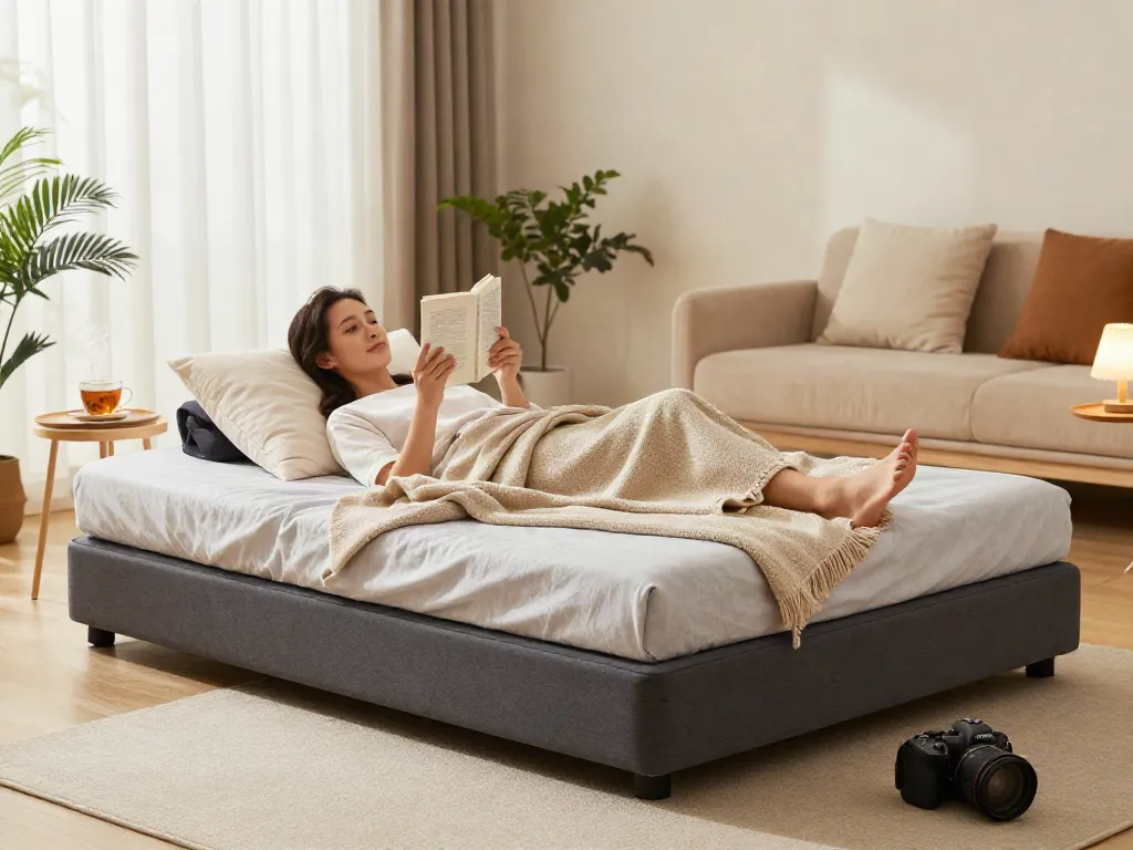Comfortable portable bed setup in a cozy living room with pillows and tea.