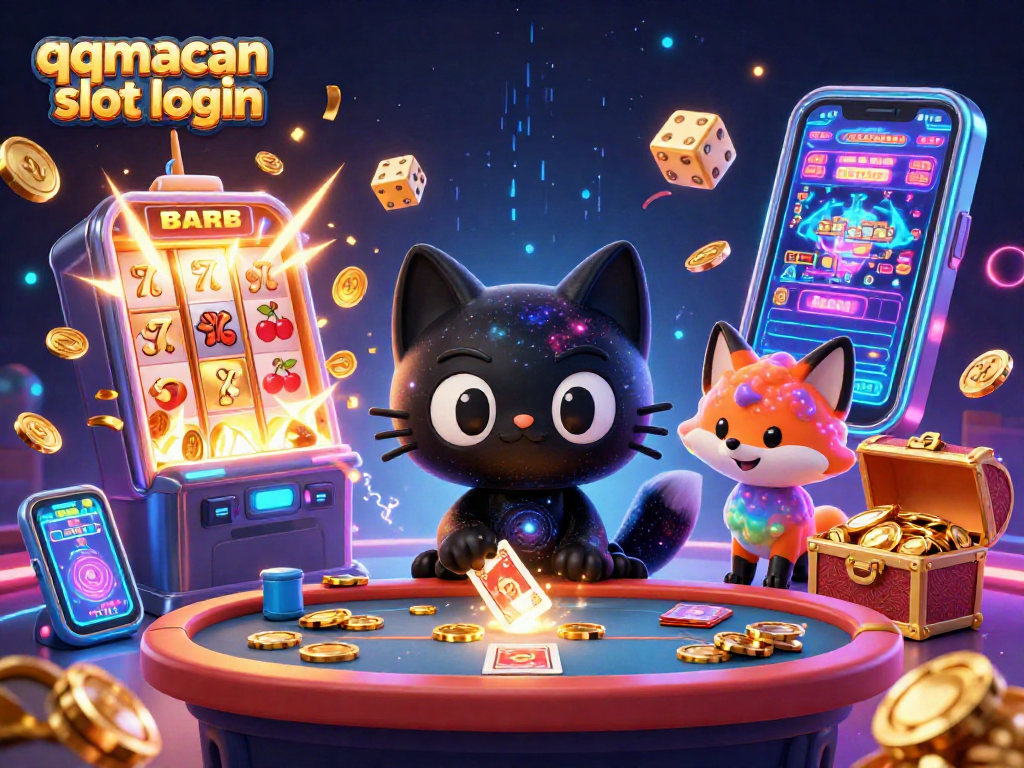 Experience thrilling gaming with qqmacan slot login, featuring a cosmic casino scene with vibrant characters and elements.
