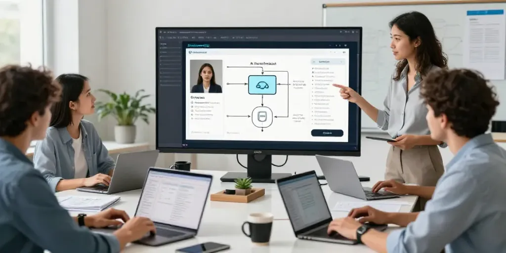 Collaboration in a tech workspace using an online AI promotional video generator, diverse team brainstorming ideas