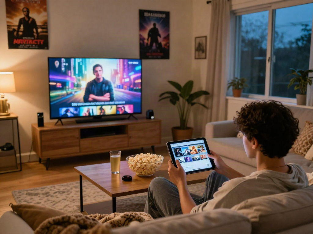Enjoying Moviebox apk on a tablet in a cozy living room with popcorn and vibrant movie visuals.