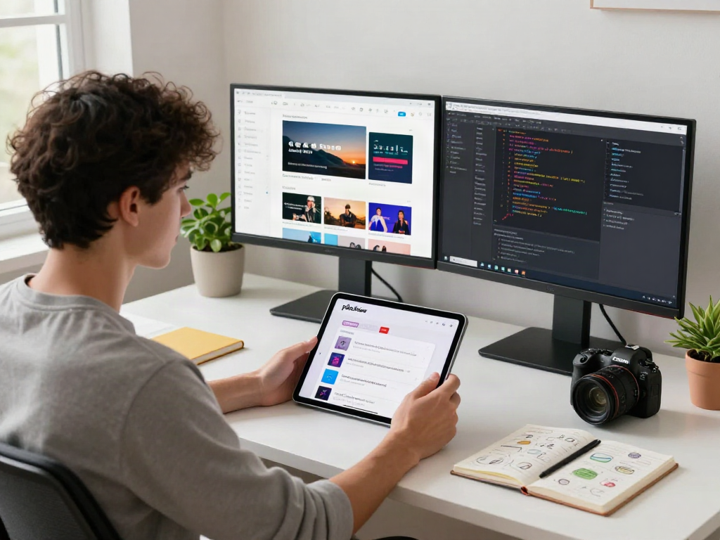 Engaged user exploring the pikashow app in a modern home office with streaming options displayed.