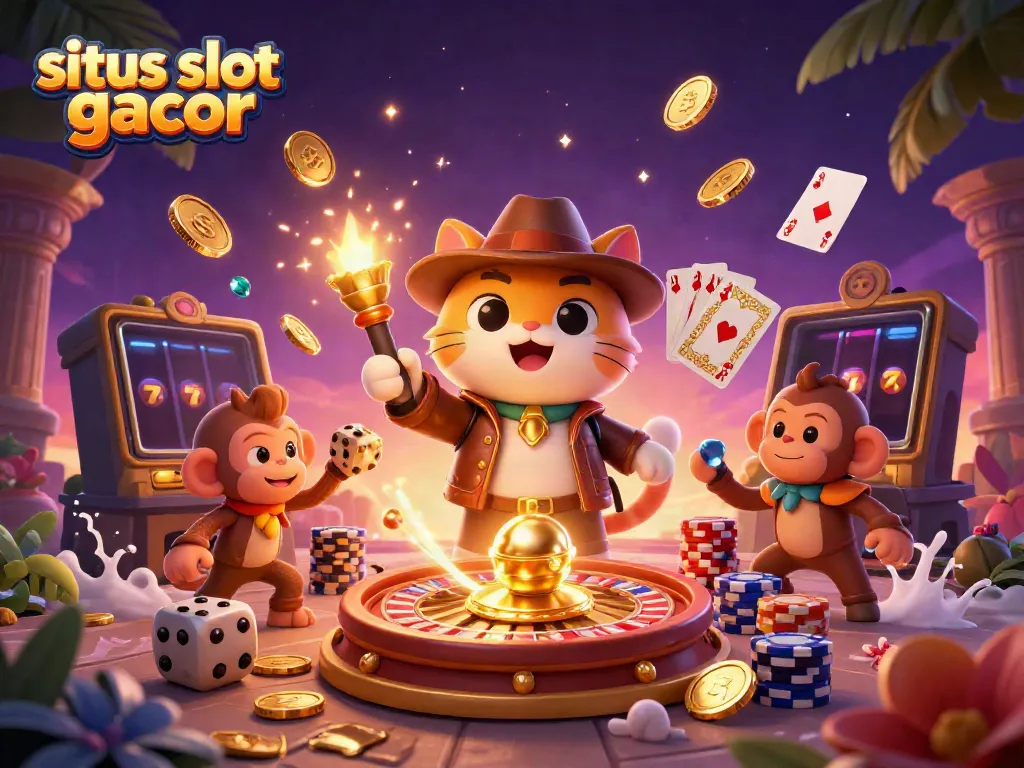 Gambar karakter kucing penjelajah yang menemukan artefak kasino emas di situs slot gacor, dikelilingi oleh koin emas.