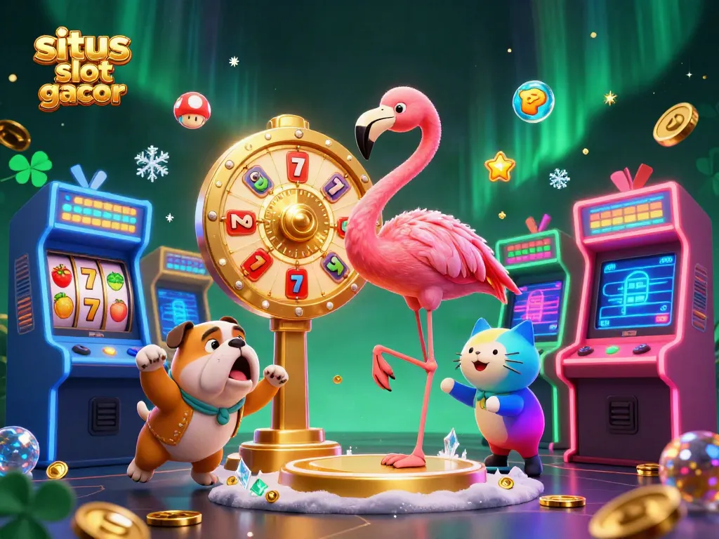 Engage with situs slot gacor in a vibrant casino scene featuring a game show host and excited contestants.