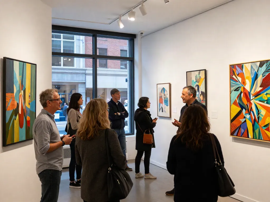 Bruce Bailey Toronto engaging with artists in a vibrant art gallery atmosphere