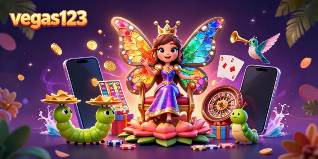 Permainan slot vegas123 dengan ratu kupu-kupu dan pelayan ulat menyajikan chip emas.