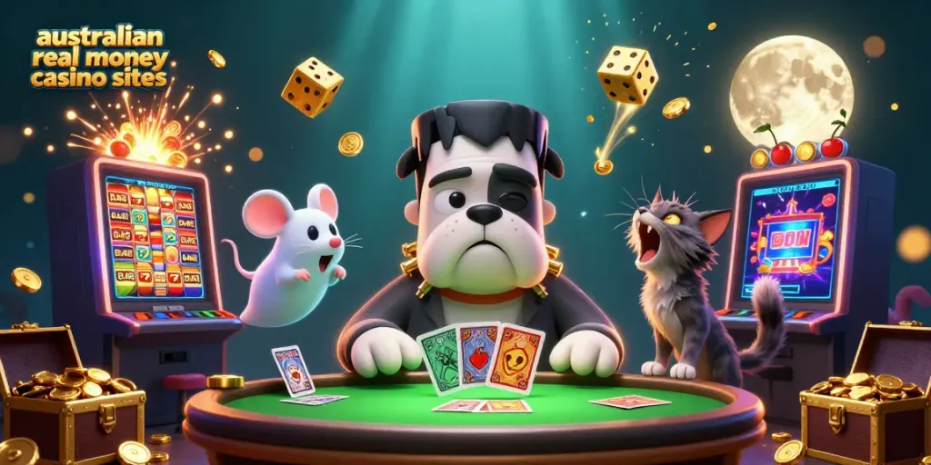 Engaging scene of cartoon characters at a casino table, showcasing australian real money casino sites.