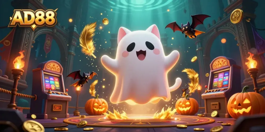 Experience thrilling gameplay at AD88 with a ghost cat and vampire bat in a vibrant casino scene.