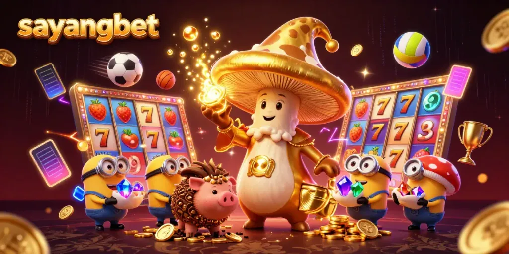 Experience the magic of sayangbet with a golden mushroom wizard and treasure in a vibrant casino setting.