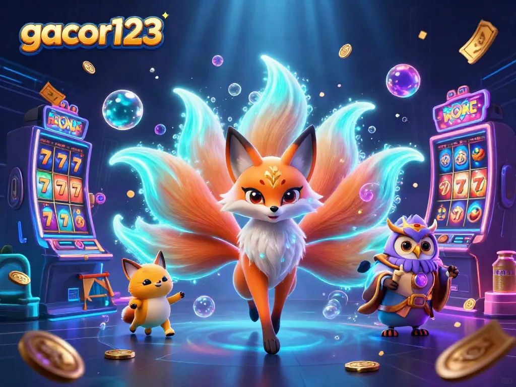 Engage in thrilling gameplay at gacor123, featuring a vibrant scene with colorful slot reels and dynamic character interactions.