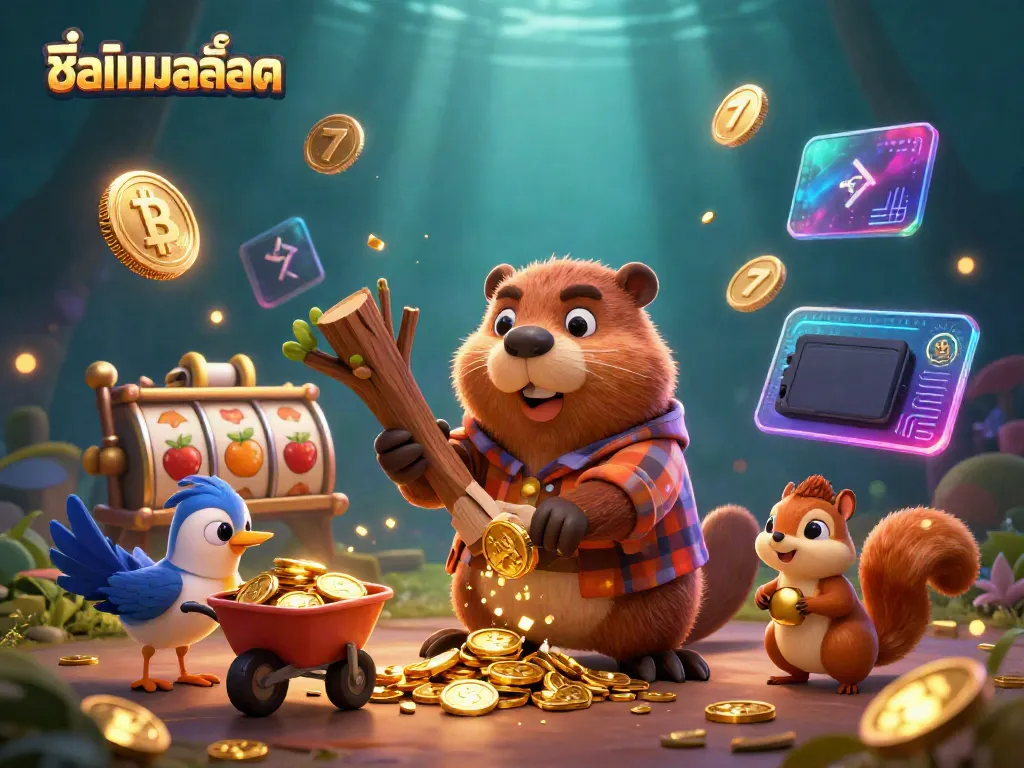 Engage with the dynamic scene of ชื่อเกมสล็อต featuring animated characters amidst golden coins, slot reels, and crypto elements.