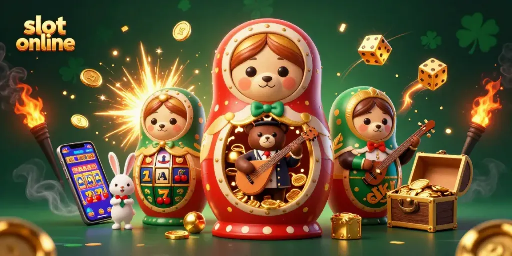 Tema slot online dengan ilustrasi beruang Matryoshka dan simbol kasino disertai harta karun.