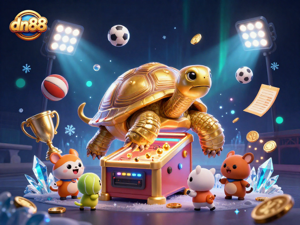Engage in exciting gameplay at dn88 with a vibrant scene featuring a pinball tortoise and dynamic sports elements.