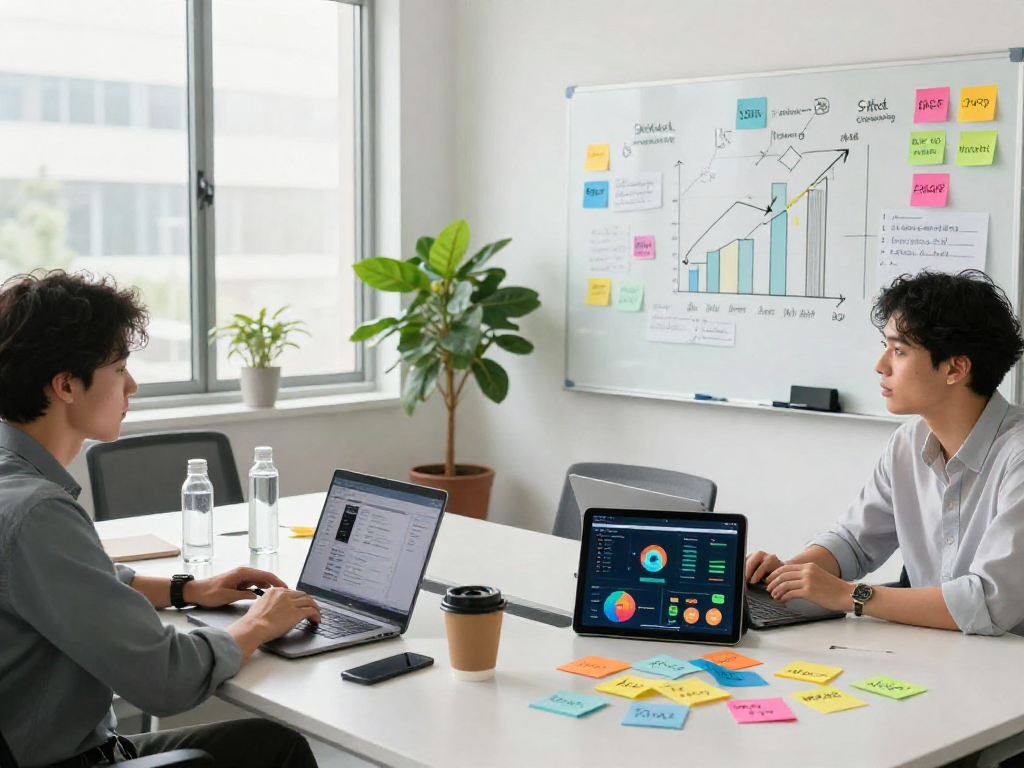 Buy app installs strategy session with marketing professionals in a modern office setting.