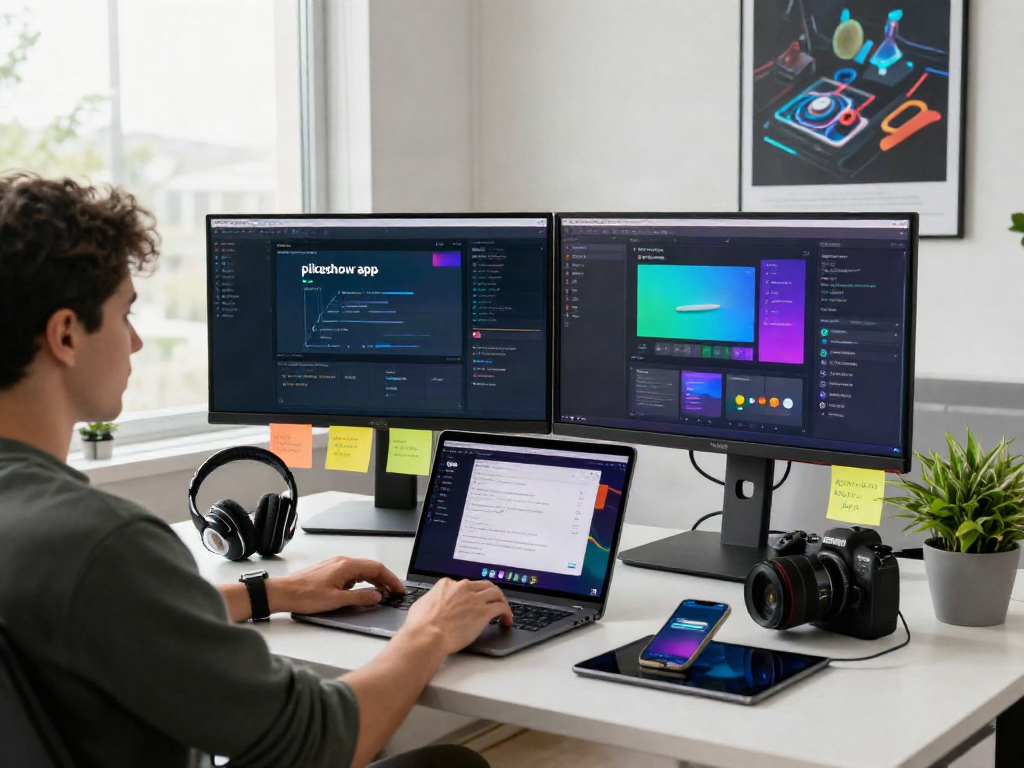 A modern workspace highlighting the pikashow apk with vibrant application visuals on monitors, fostering a creative tech environment.