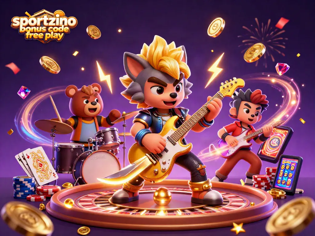 Spin and win with sportzino bonus code free play, featuring a rock star wolf and vibrant casino elements.