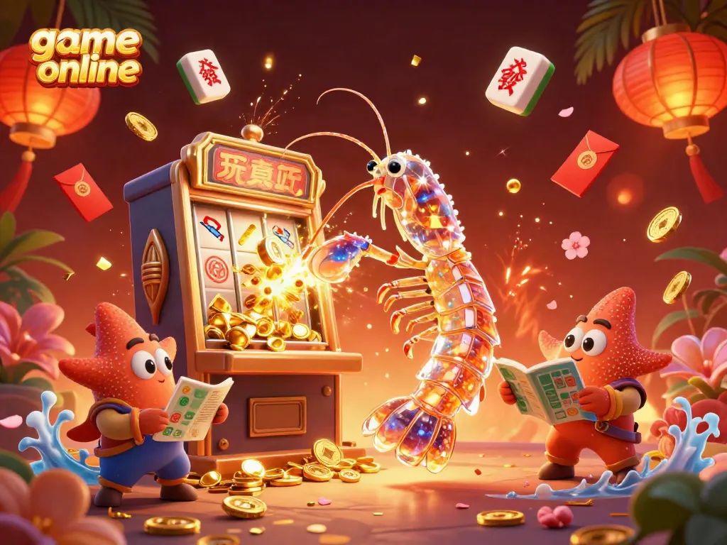 Experience exhilarating game online action with the galactic samurai mantis shrimp striking a jackpot slot machine amidst treasures and festive elements.